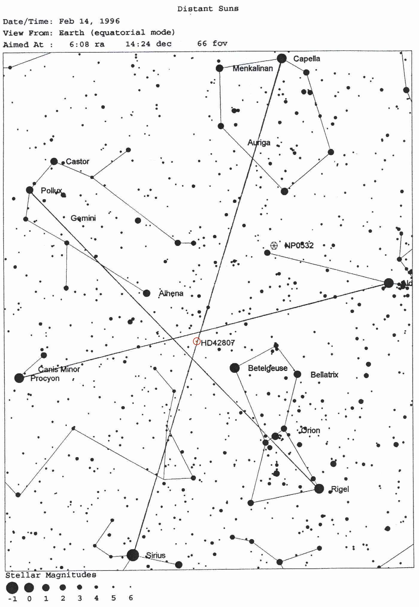 In the centre of the "Winter Hexagon",in an alignment of six mighty constellations of stars, there is a sun-like star. It has no name but a number: HD 42807.On or around the second of its planets life is possible. (Copyright Koch)
